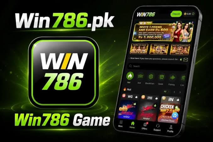 win786 app displayed on a smartphone with cards, slots, and game categories