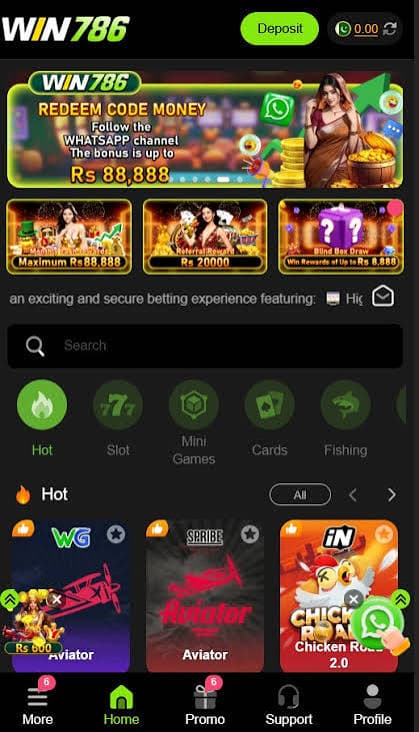 win786 home screen showing Hot games, Aviator, and game categories