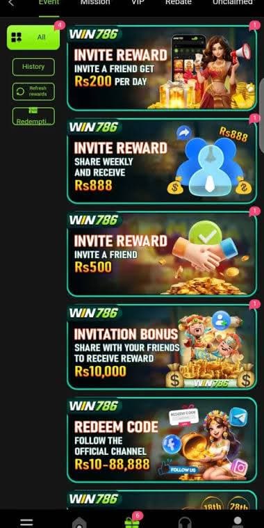 WIN786 Events tab with referral and promotional reward banners