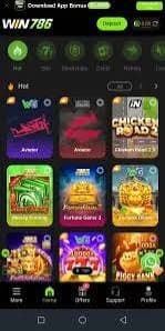 WIN786 game lobby grid with slots, cards, and Hot titles