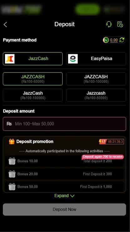 WIN786 deposit sheet listing JazzCash and EasyPaisa
