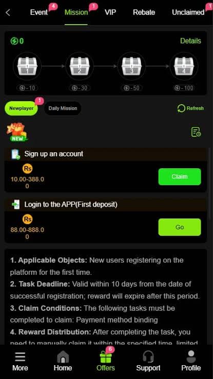 WIN786 Mission tab with new-player rewards and daily tasks