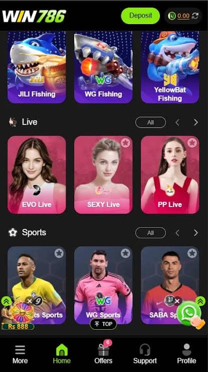 WIN786 category tabs for live games, fishing, and sports